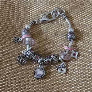 Charm Bracelet Pink Crystal Heart Birthstone Baby Feet October Heart Clasp 7-8"